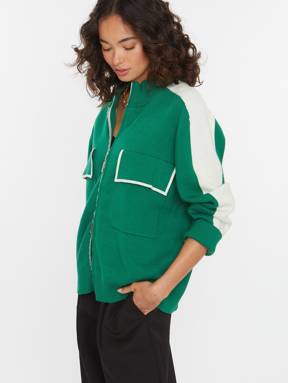 French Mauve CLIO ZIP-UP KNIT JACKET Green and White Women's Zip-Front Jacket